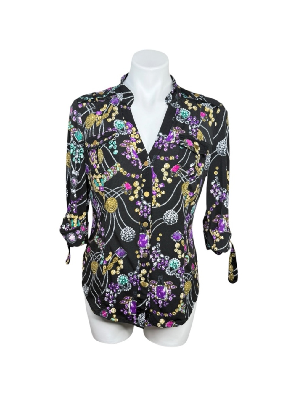 Y2K Cache Black Jewelry Print Button Down Blouse Rhinestone Chain Print Top M